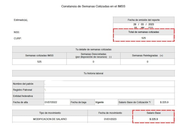 Constancia de semanas cotizadas IMSS con salario base